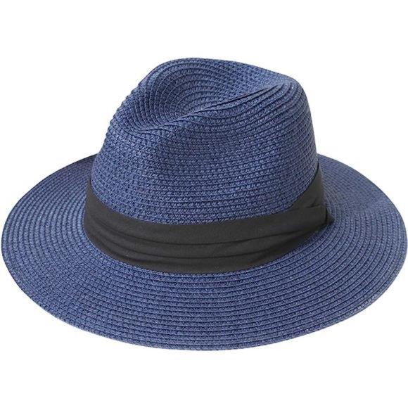 Women Wide Brim Straw Panama Roll up Hat Blue